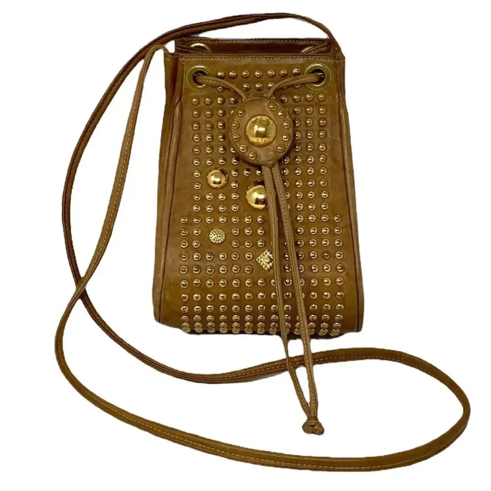 Ladies Tan Studded St Maartan Dallas Crossbody Bucket Drawstring Shoulder Bag